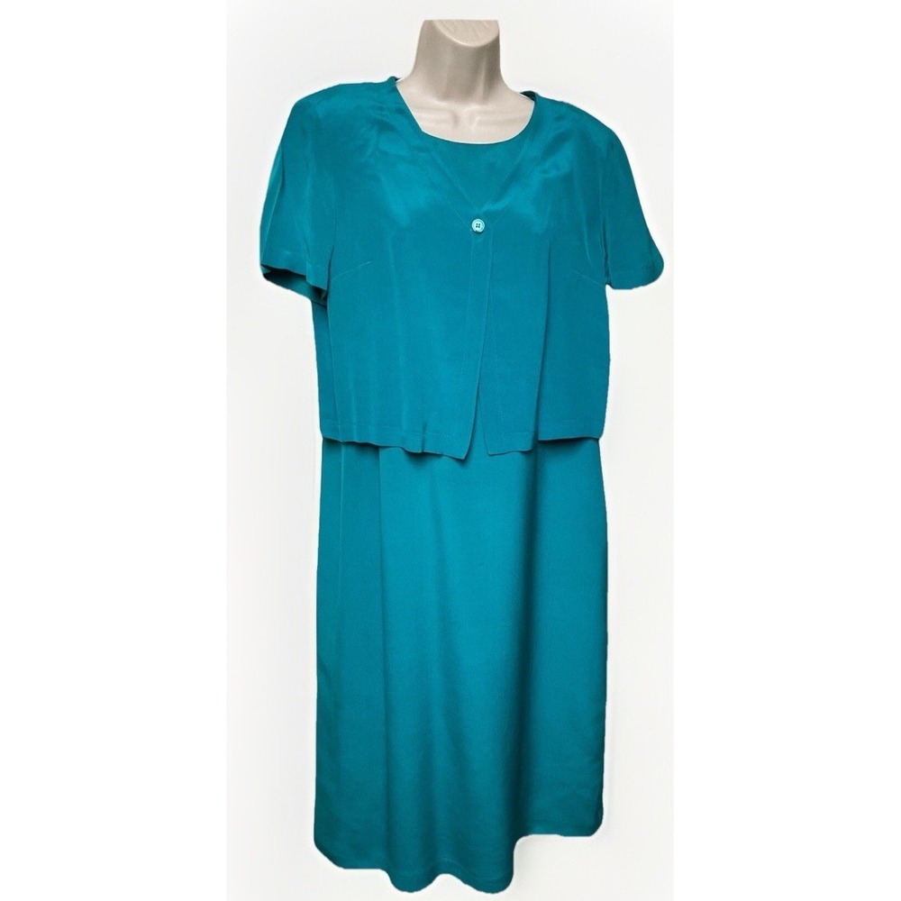 100% Silk Dress Talbots With Jacket‎ 2 Piece Set 12p Teal Blue Cottage Coastal